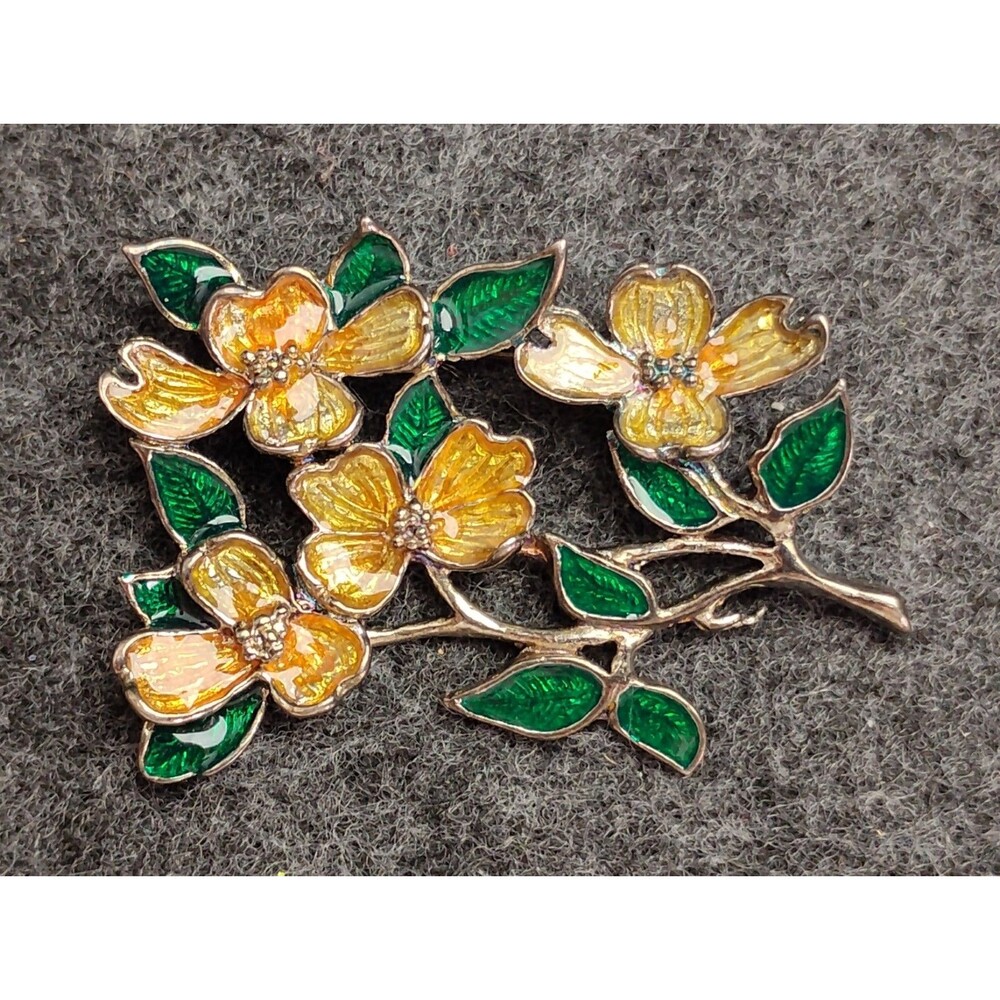 Vintage Enamel Dogwood Flower Brooch Silver Tone by White Fish Enterprises